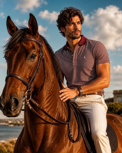 A young rider in striped polo guides his glossy horse under a bright sky.