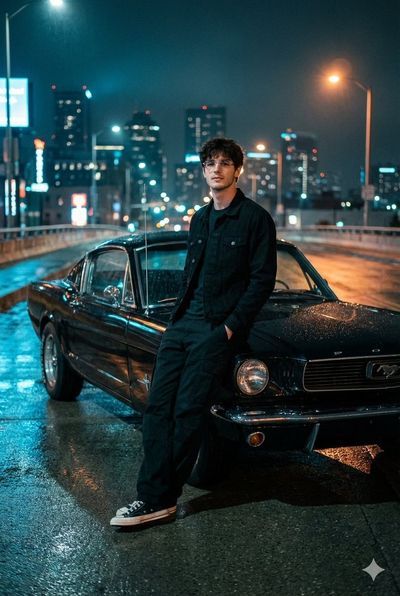 Midnight Vibes: Mustang & Man in Urban Cinematic Glow