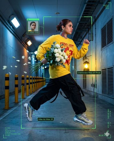 A woman runs through a Tokyo tunnel with a bouquet of white roses.