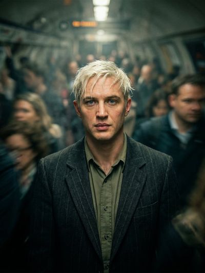 A lone man stands still amid a blurry moving crowd