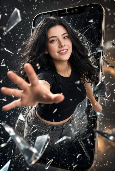 East Asian woman bursts through smartphone glass in dramatic action