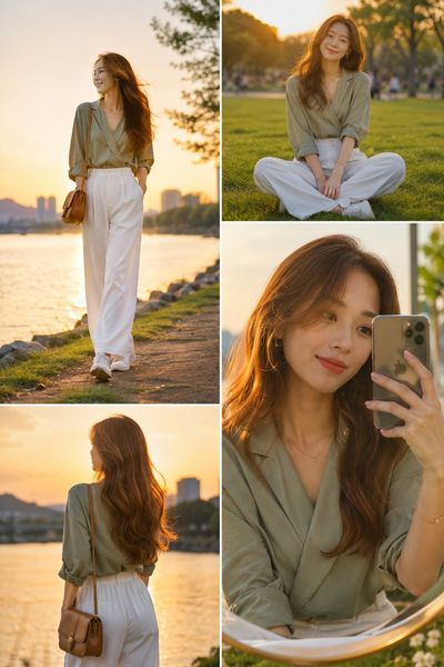 Elegant woman in sage blouse strolls park during golden hour