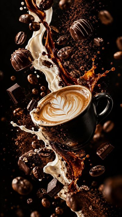 Suspended coffee beans and chocolate swirl in mid-air cinematic splash.