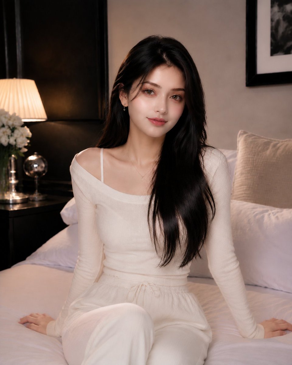 Korean Woman in White Knit Sits on Luxury Hotel Bed