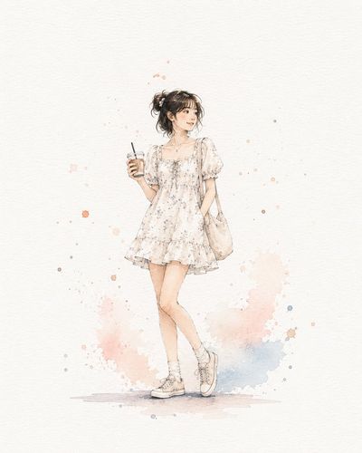 A young woman in white dress sips iced coffee with soft smile