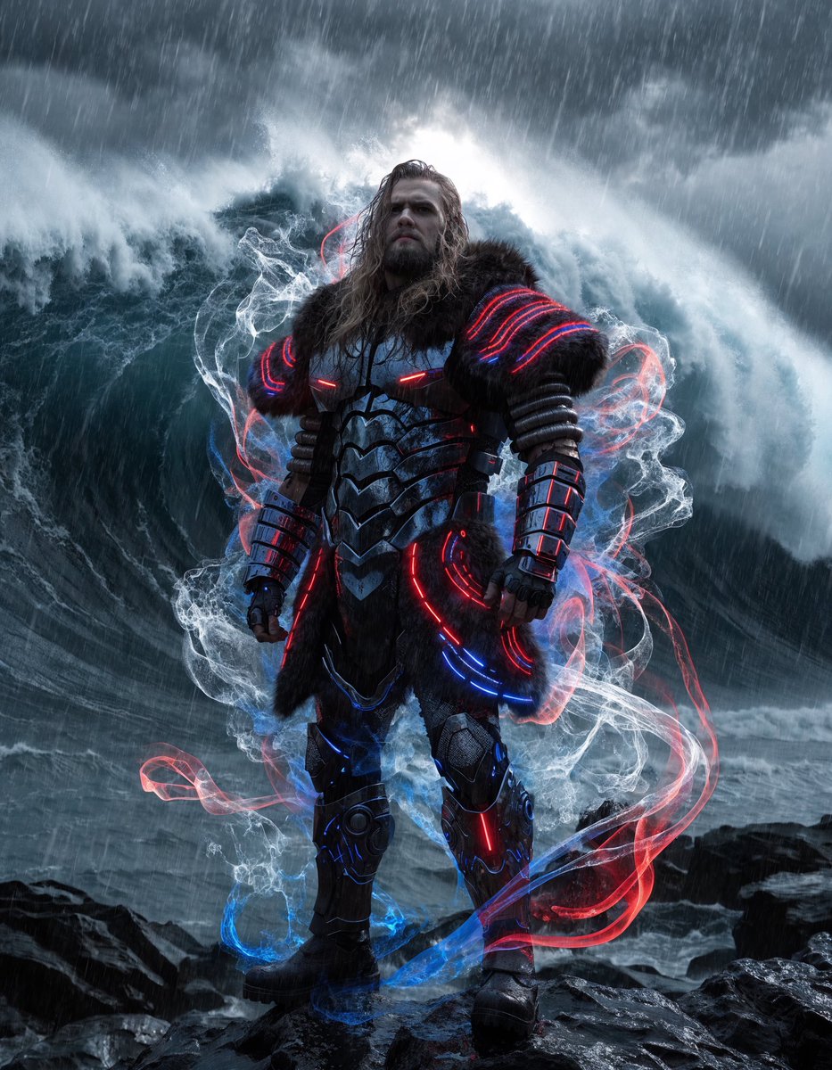 Futuristic Viking Meets Tsunami: A Cinematic Cybernetic Vision