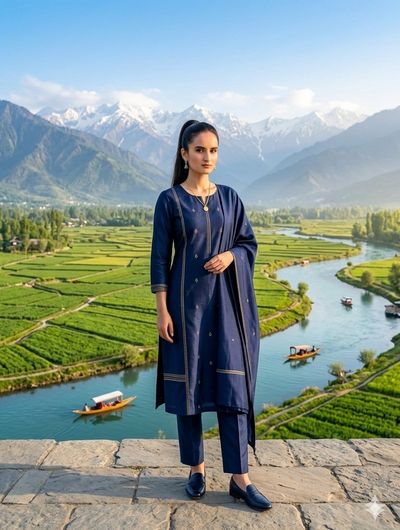 Elegance in Kashmir: Navy Blue Salwar Kameez Portrait