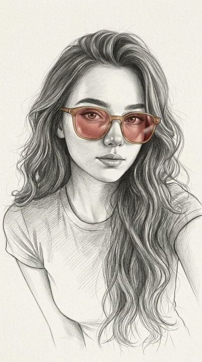 Amber-tinted sunglasses highlight a detailed graphite portrait sketch