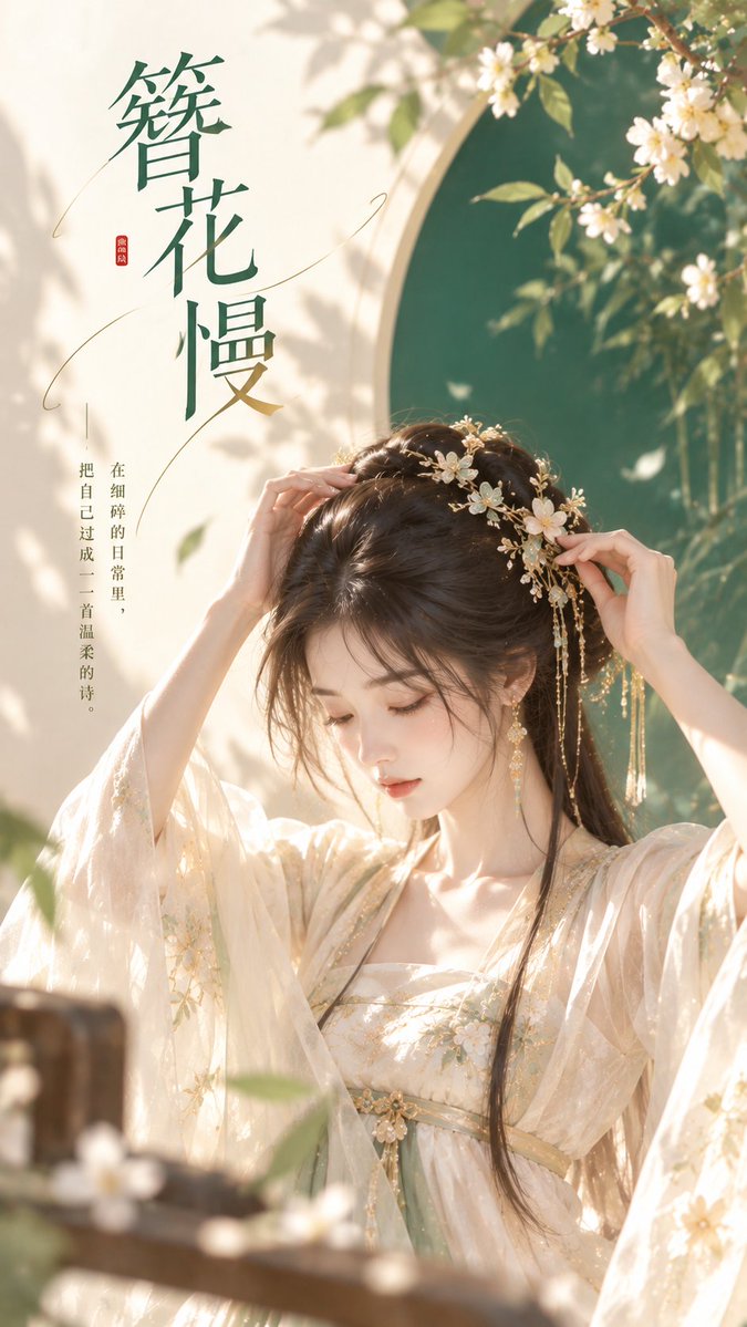 Elegant woman in jade green adjusts hairpin in serene portrait