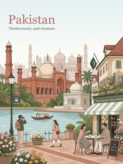 Vintage travel poster shows Pakistani waterfront with iconic landmarks