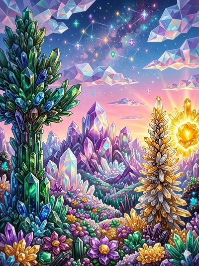 Crystal sunrise illuminates a valley of gemstone trees and flowers
