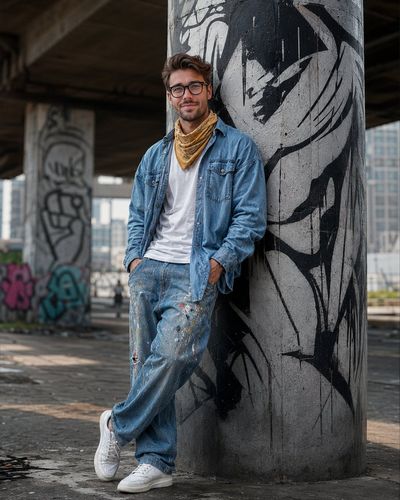 Young South Asian man leans against graffiti pillar under a flyover