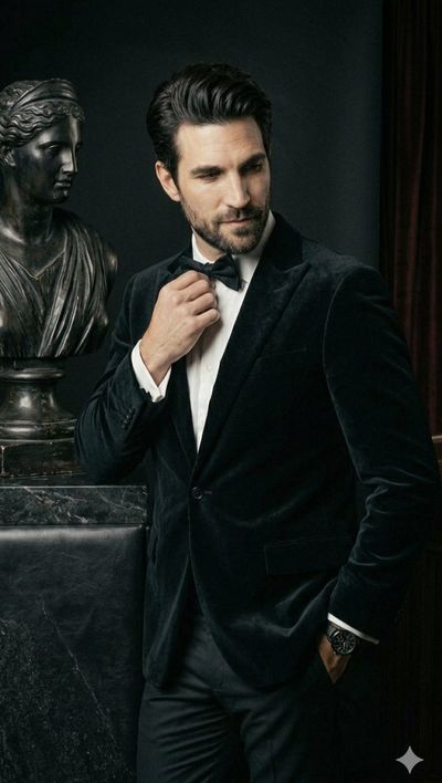 A sophisticated gentleman in a black velvet tuxedo poses elegantly