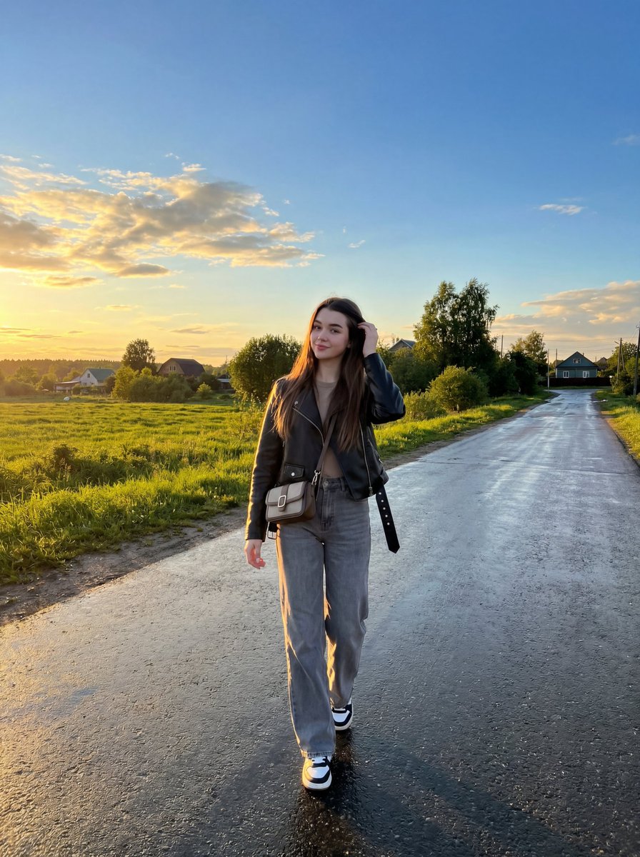 Golden Hour Walk on a Wet Countryside Road