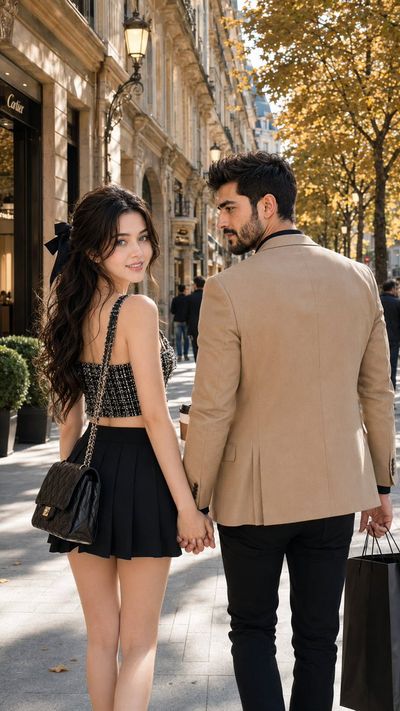 A couple strolls hand in hand down a sunlit avenue