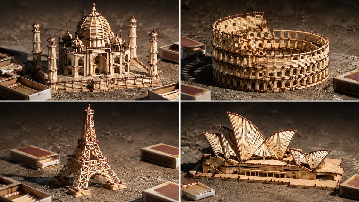 Matchstick Big Ben glows under a harsh hobbyist lamp