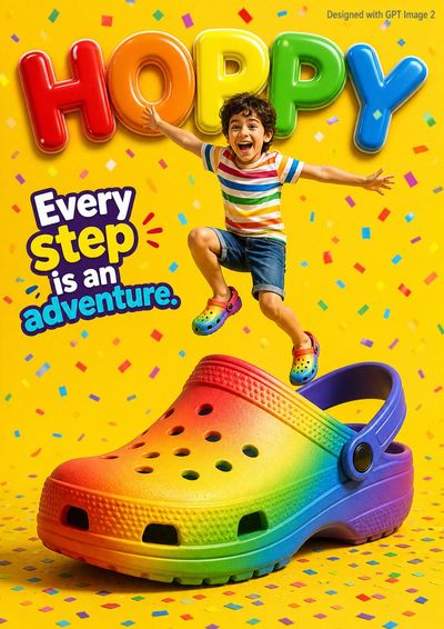 Rainbow Clog Kids Shoe Ad Poster with Jumping Boy
