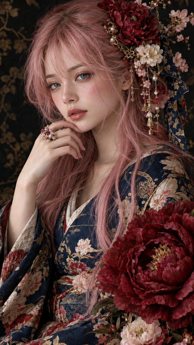Cinematic Portrait of Woman in Navy Kimono with Crimson Peonies