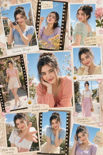 A young woman in pastel outfits poses for a sunny scrapbook collage