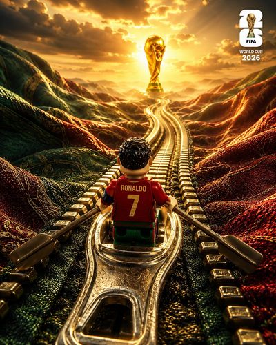 A LEGO footballer rows a zipper boat toward the World Cup trophy