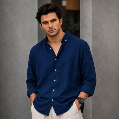 Young man in navy linen shirt stands between concrete columns