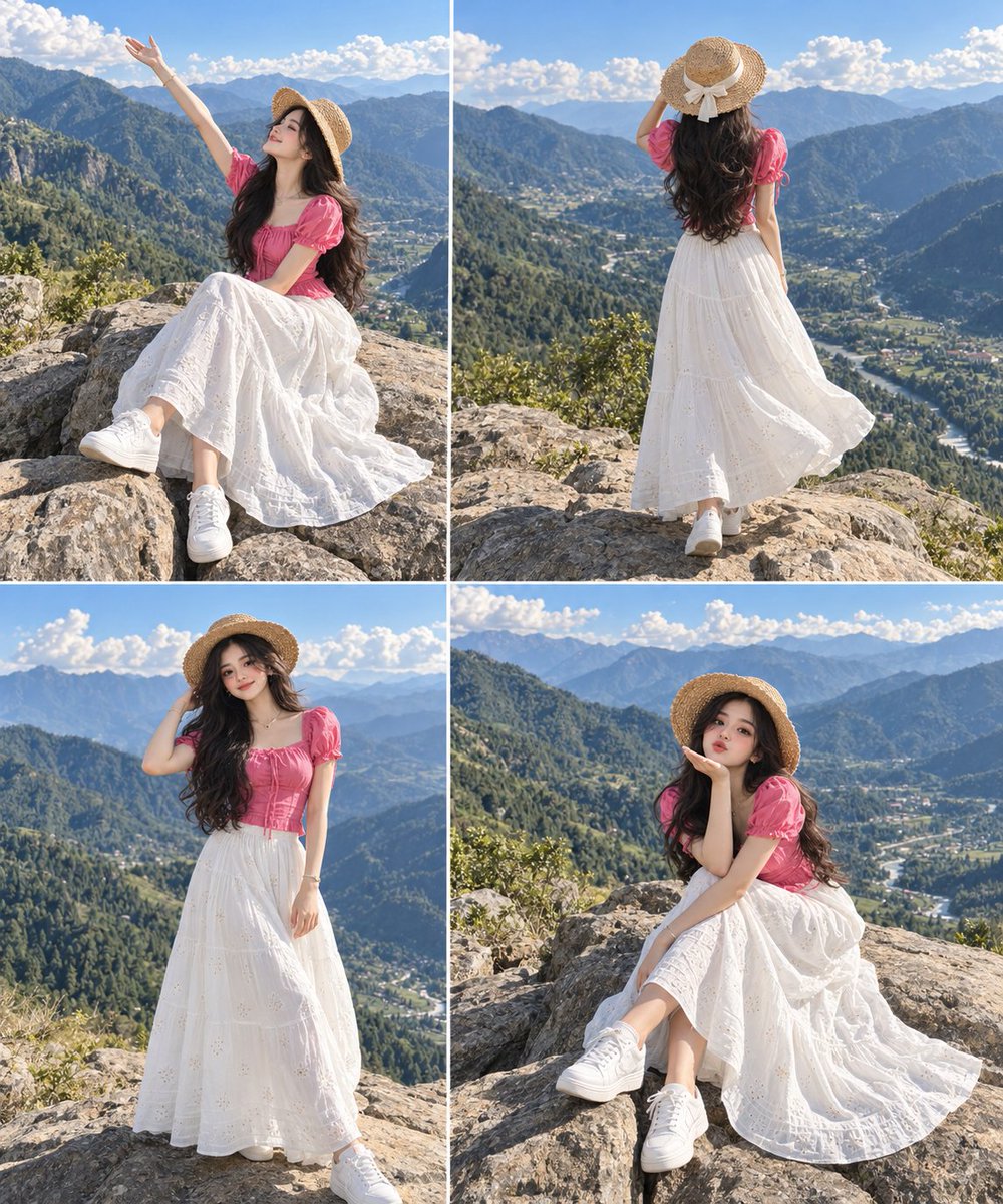 Photorealistic Fashion Editorial Featuring a Woman in Scenic Mountain Landscape