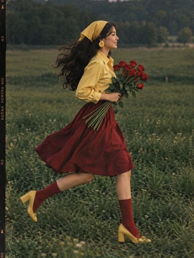Young woman sprints through grass clutching red roses