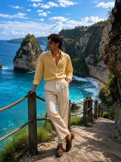 A woman in a silk blouse sits calmly on a cliffside pathway.