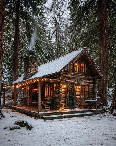 Snowy log cabin glows warmly under a starry winter sky
