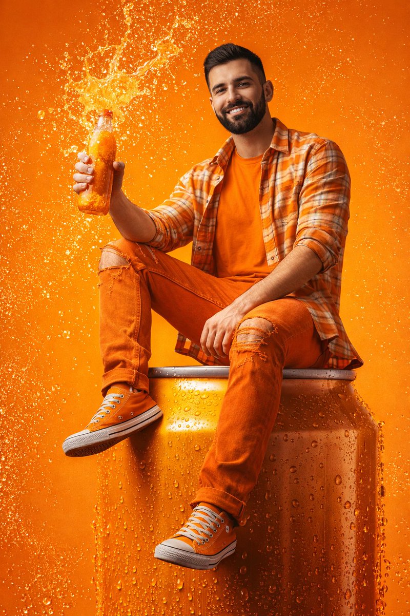 Vibrant Splash: Bold Orange Beverage Ad with Dynamic Liquid Action
