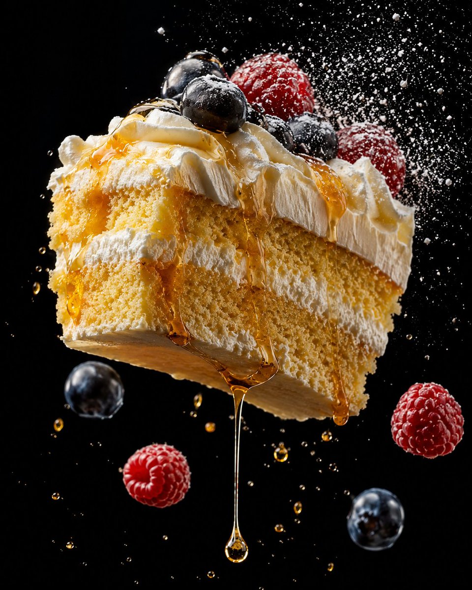 Strawberry shortcake layers float mid-air under dramatic spotlight