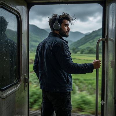 Young man stands at train gate watching rainy mountains