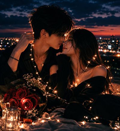 A young couple shares an umbrella under glowing moonlit rain