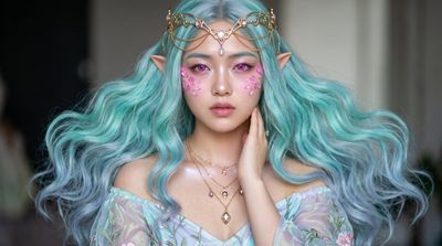 Seafoam-Haired Elf Maiden Poses Amidst Enchanted Forest Twilight