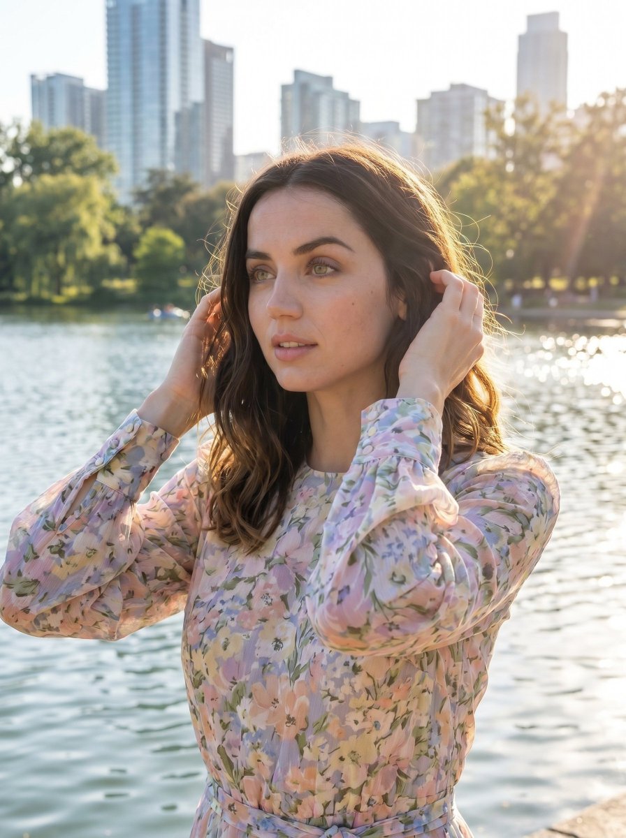 Young woman in floral dress adjusts hair by sunny lakeside park