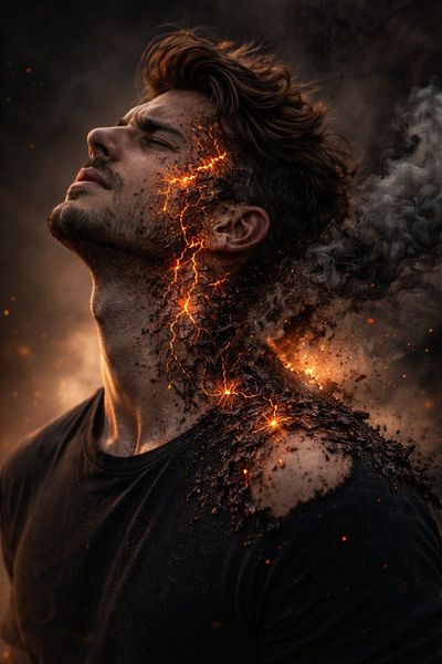 Molten Torment: Man in Glowing Ash and Smoke