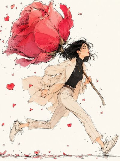 A girl flees through chaos with a giant rose overhead