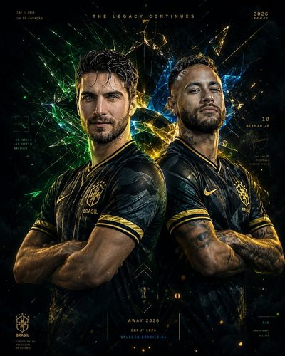 Two Brazilian footballers pose in royal-blue hyperrealistic poster
