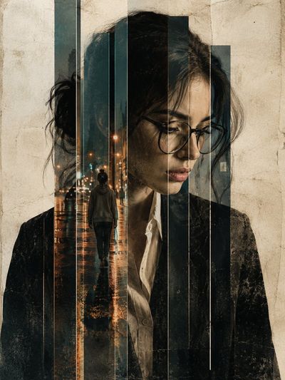 Fragmented Reflections: Portrait in Rainy Citylight