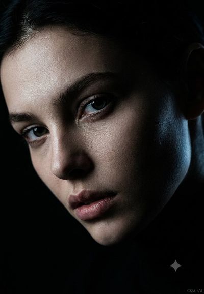 A three-quarter face emerges from shadow with forensic skin detail