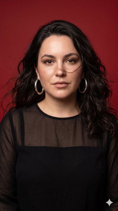Luxury editorial portrait of a poised woman in scarlet studio