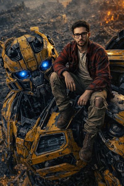 A Hero's Standoff: Man on a Giant Robot's Shoulder