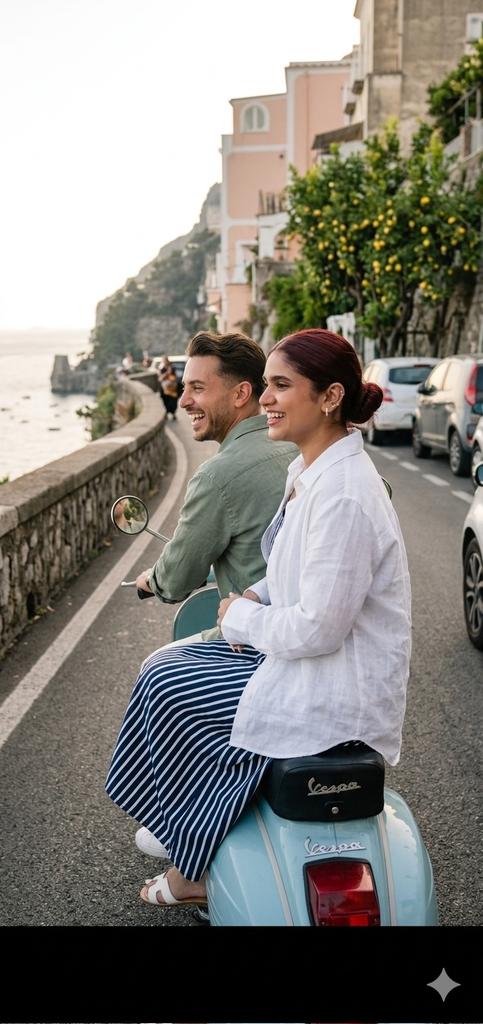 A couple rides a vintage Vespa on Amalfi Coast road