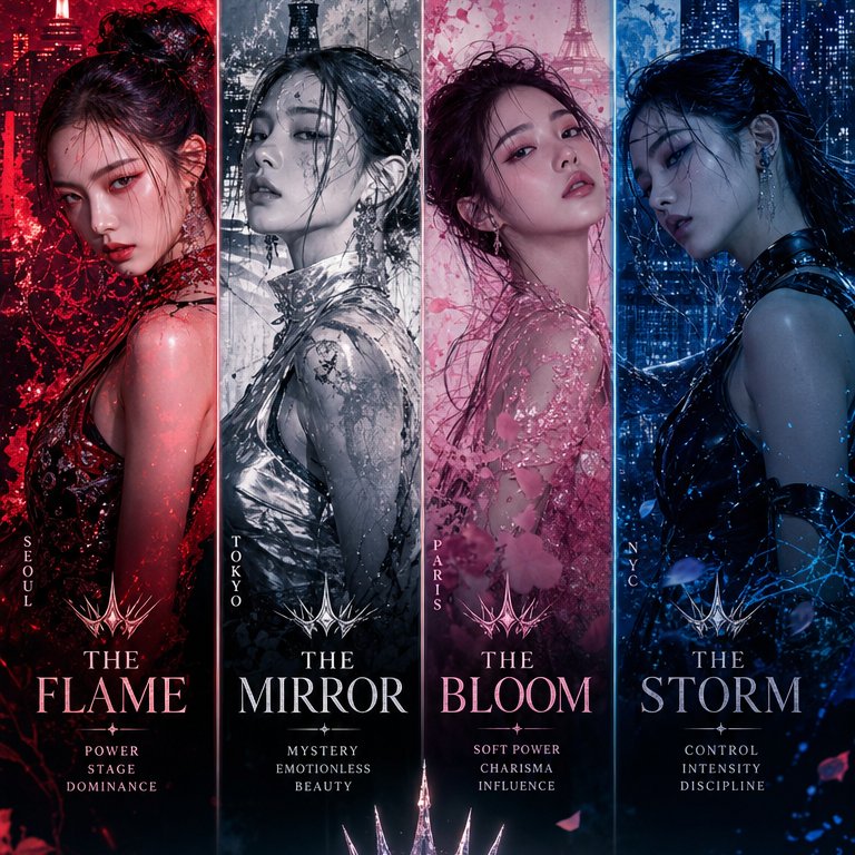 Four goddesses embody luxury chaos on a neon cyberpunk runway