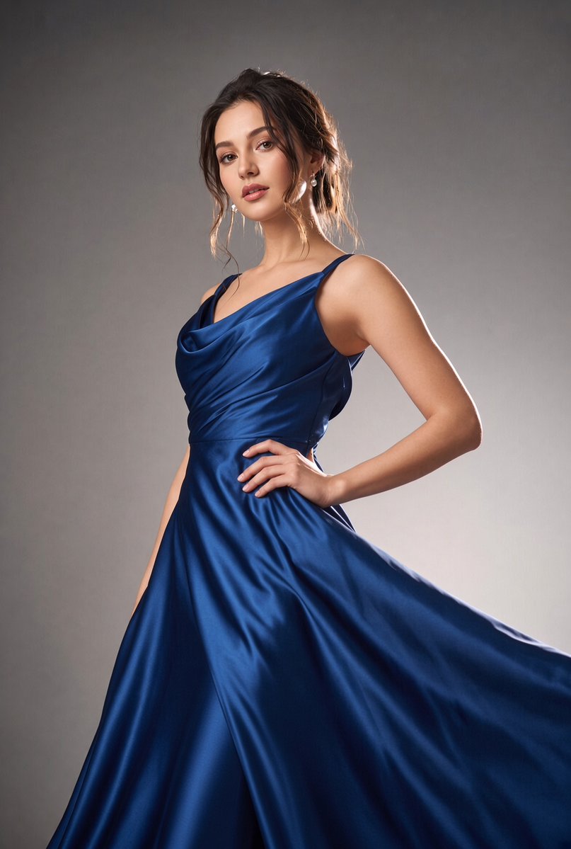 Elegant woman in royal blue satin gown poses confidently in studio.