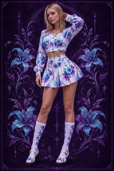 Model in Cyan Floral Outfit Poses Against Dark Violet Backdrop