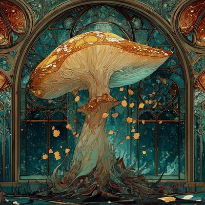 Mystical Mushroom Guardian in an Underground Oasis