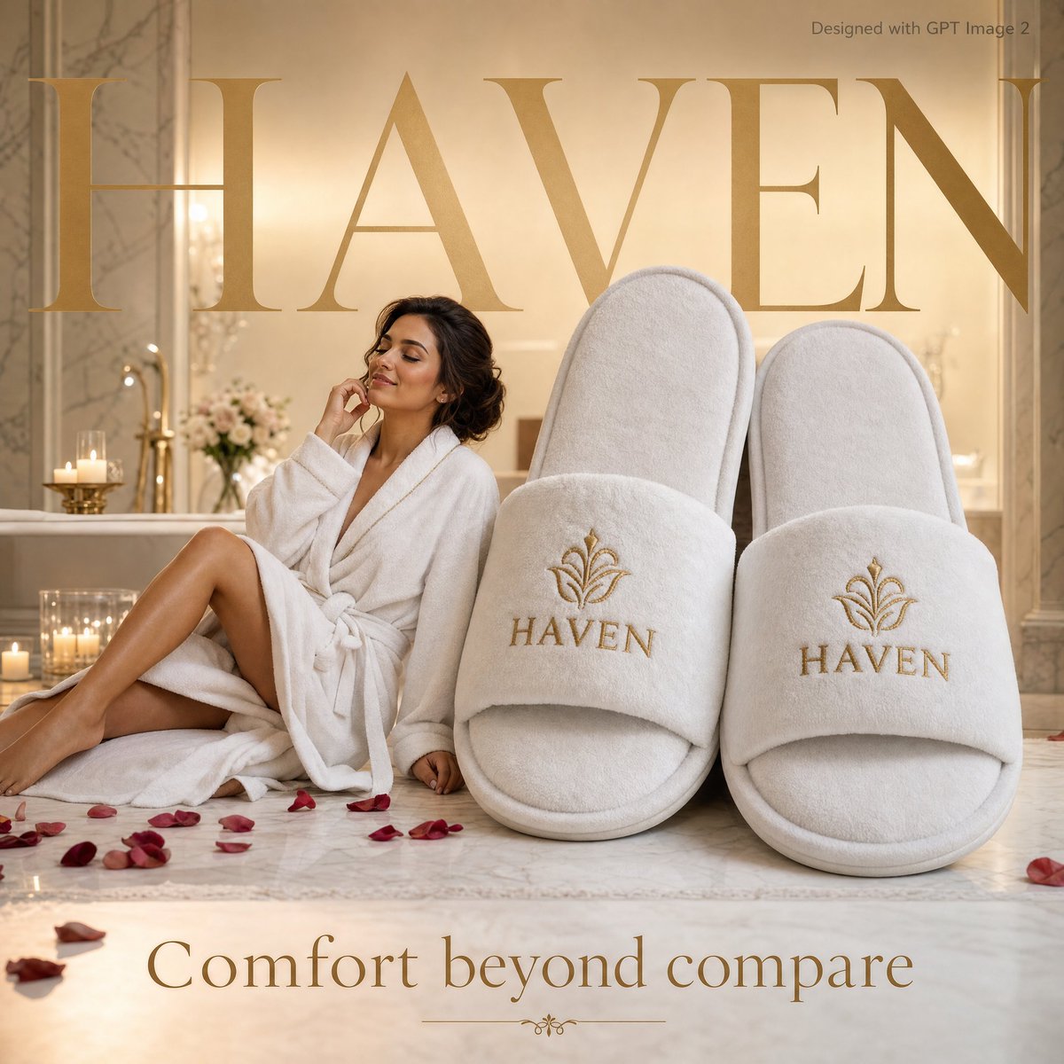 A woman in a white robe relaxes beside giant slippers