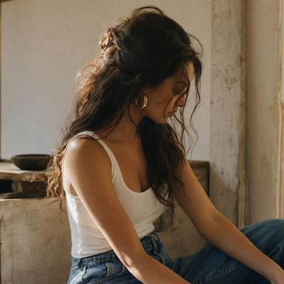 A woman with messy waves looks down in soft sunlight