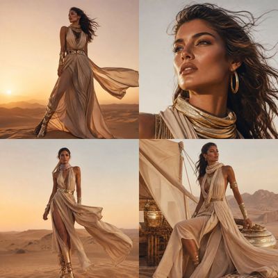 A supermodel in flowing silk strikes a desert runway pose.